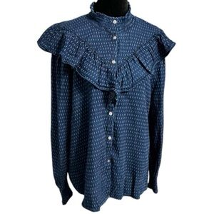 LOFT Blue & White Dotted Ruffle Blouse, Size L 100% cotton